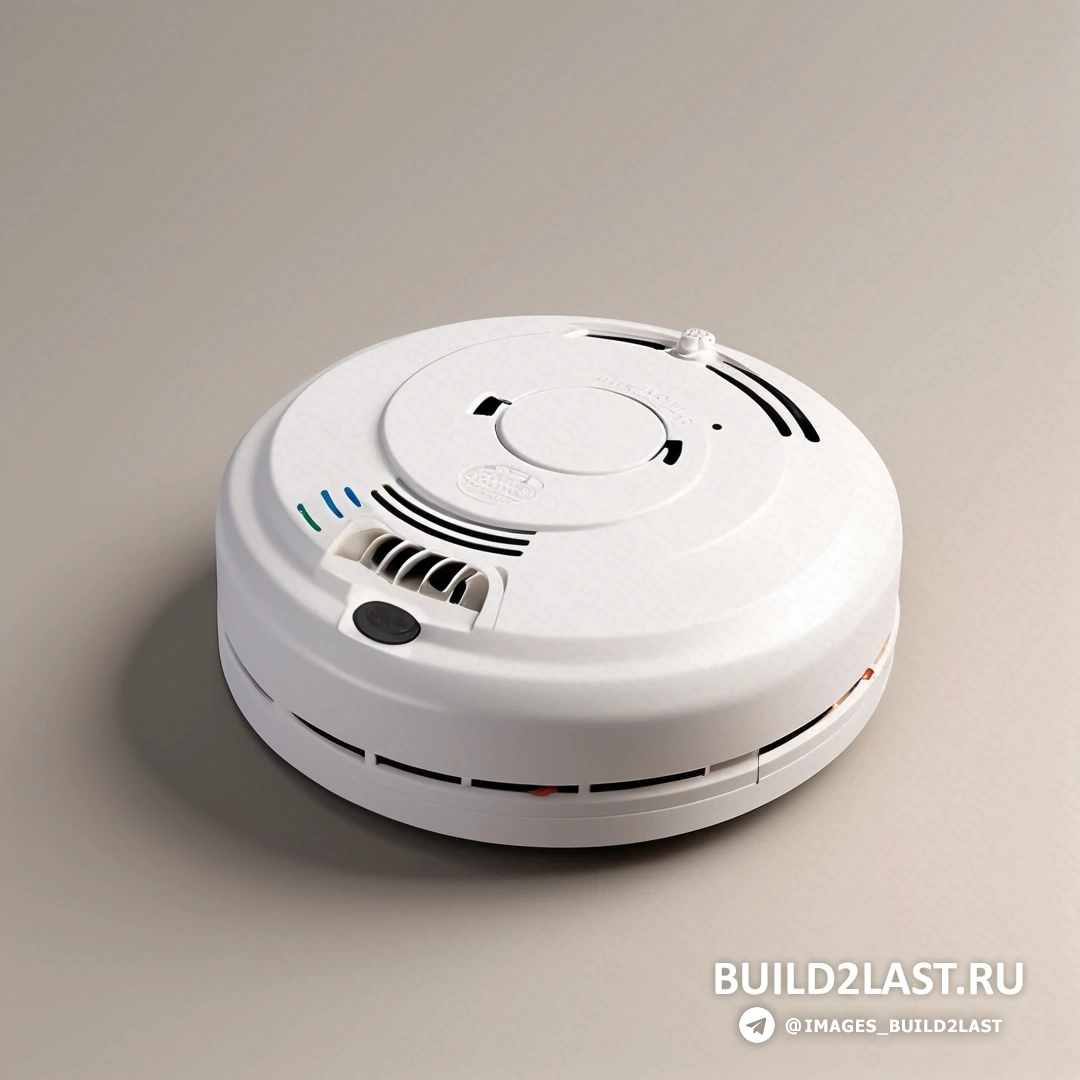 Фотореализм - цифровая визуализация. Белый дымовой извещатель на столе рядом с настенными часами на настенных часах