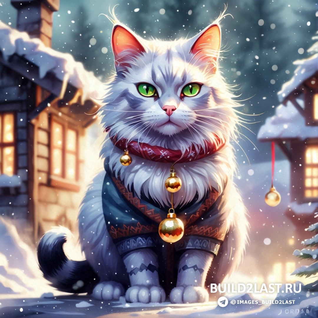 белый кот в красном шарфе и с колокольчиком на шее на снегу, а за ним рождественская сцена