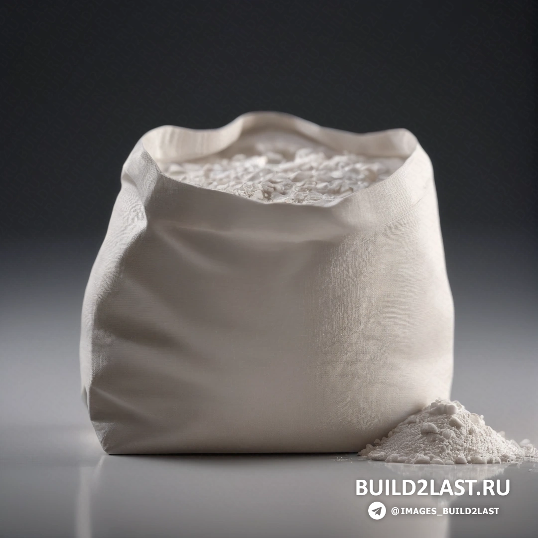Бетонное искусство - 3D-рендер. Белый мешок с большим количеством белого порошка внутри на столешнице с черным фоном