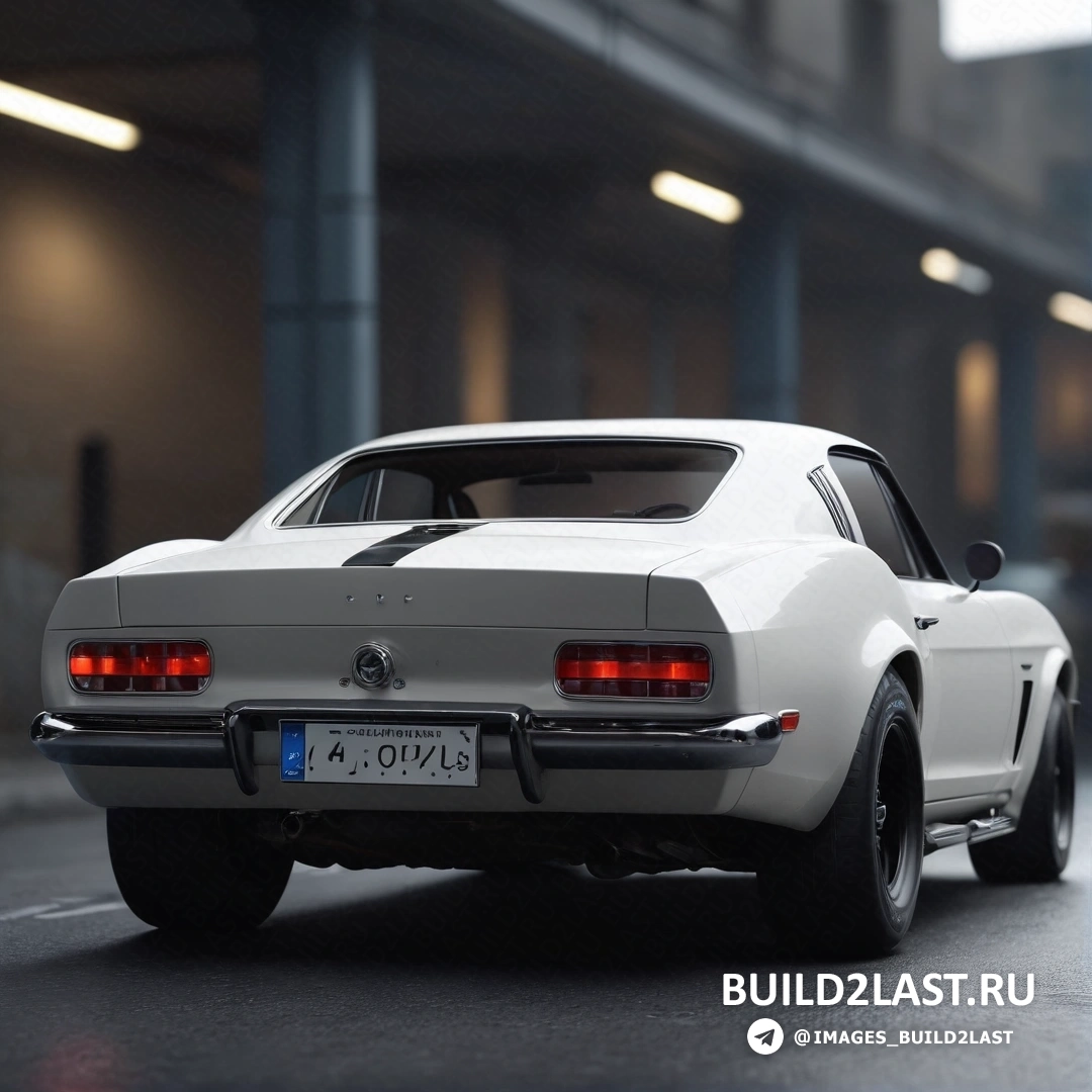 Фотореализм - 3D-рендер. Белый мустанг мустанг мустанг припаркован на парковке с включенными задними фонарями