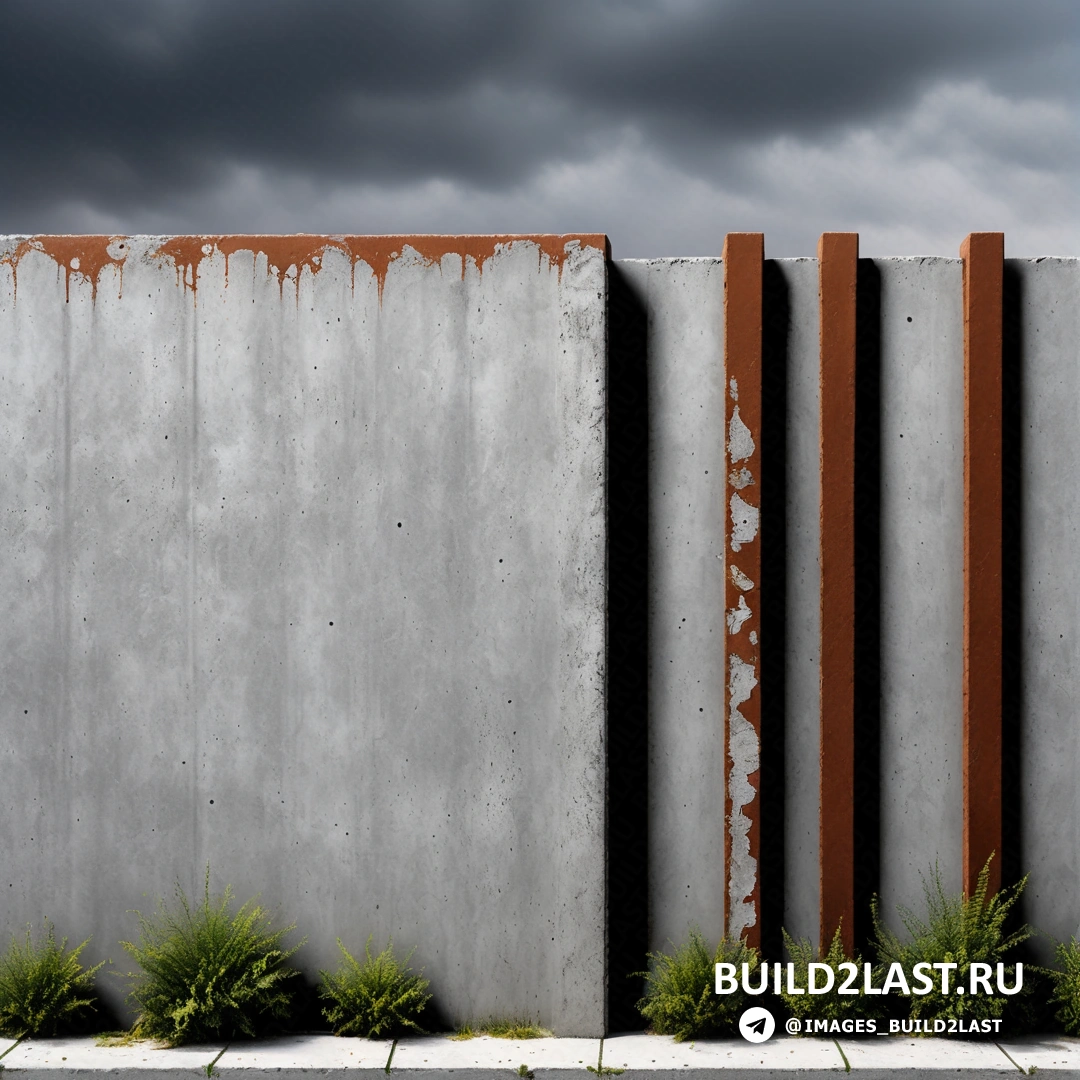 Concrete art - детальная матовая покраска. Бетонная стена с ржавым металлическим забором и растениями перед ней в пасмурный день с темными облаками