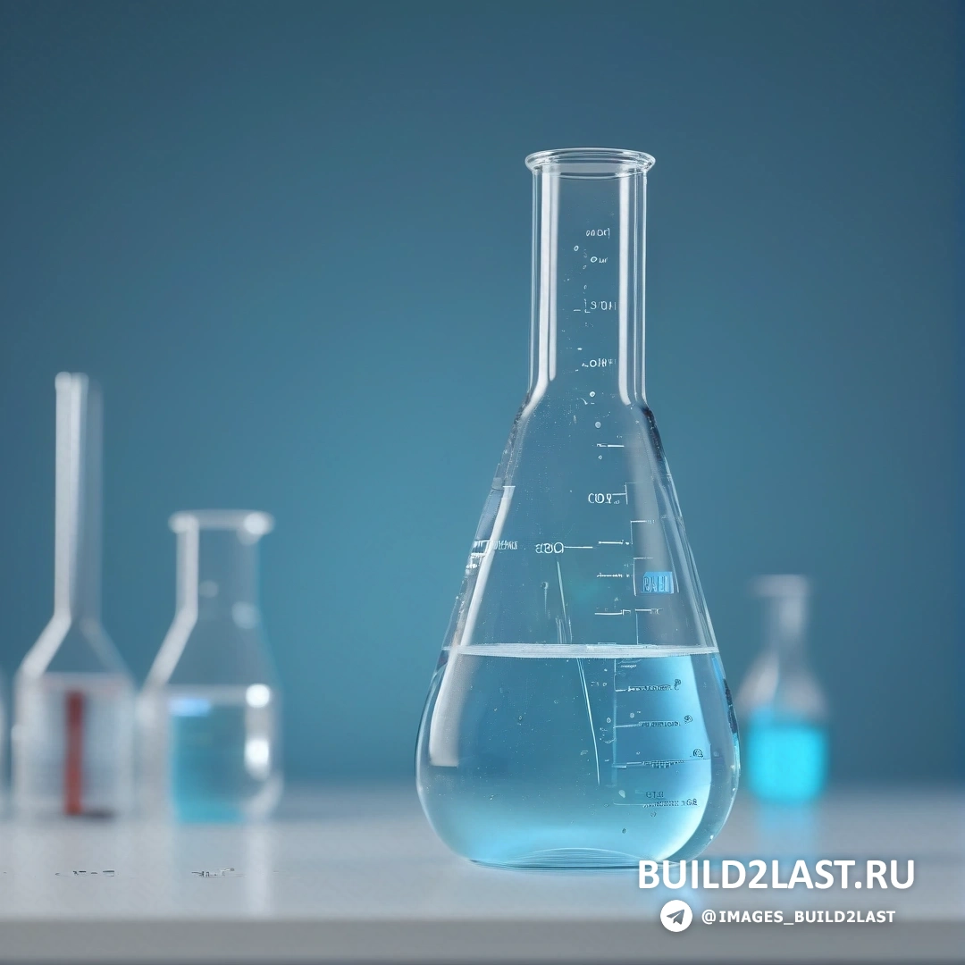 Некогерентные вещества - компьютерная визуализация. Бикл, наполненный синей жидкостью, и колбы с жидкостью на столе
