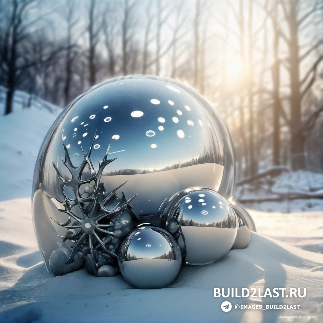 блестящий шар с орнаментом на снегу с деревьями и солнечными бликами