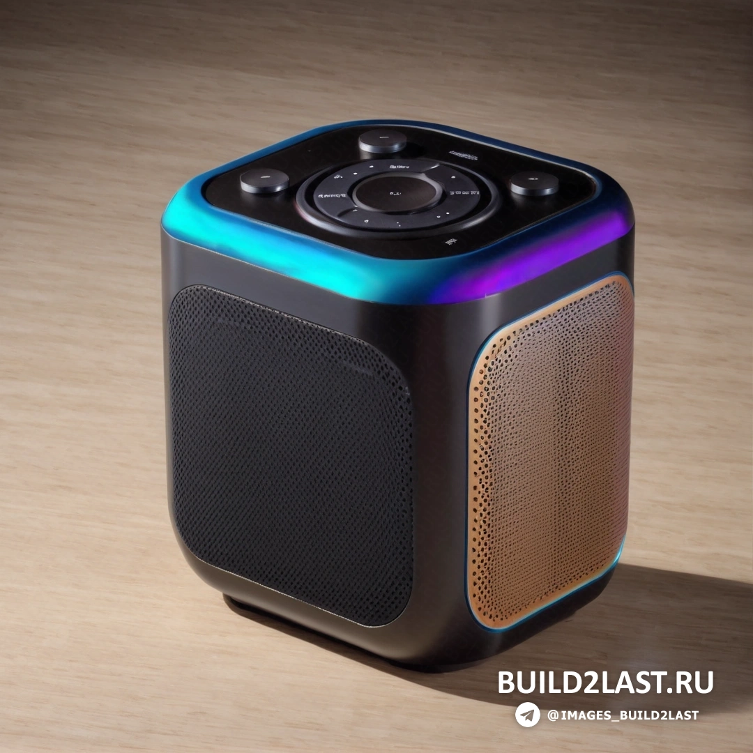 Кубофутуризм - компьютерный рендеринг. Динамик Bluetooth на деревянном столе рядом с зарядным устройством для телефона и пультом дистанционного управления.