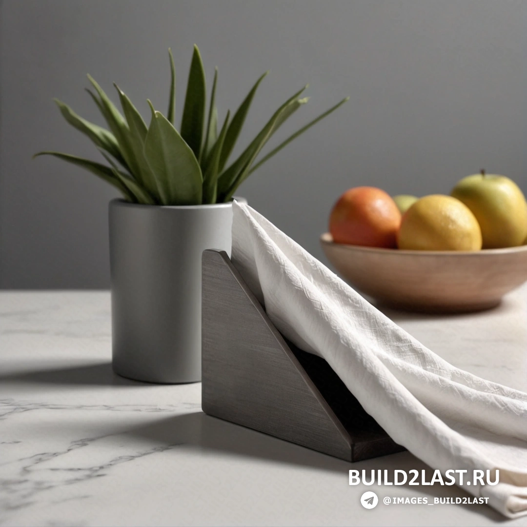 Art concret - sculpture en marbre. Bol de fruits et une serviette sur une table avec un bol de fruits en arrière-plan