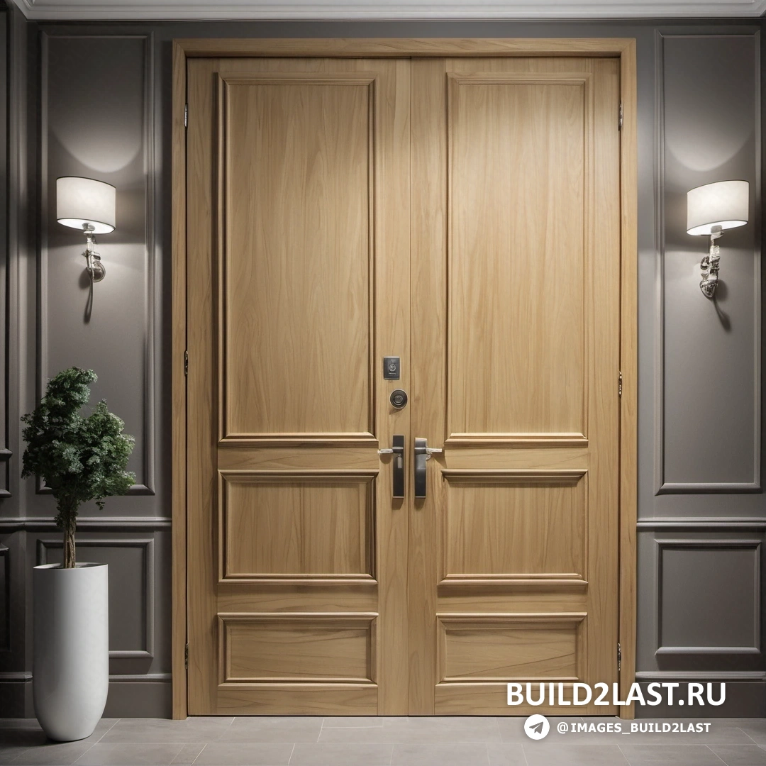 Движение декоративно-прикладного искусства - цифровой рендеринг. Большая деревянная дверь в комнате с растением в углу комнаты и лампой на стене.