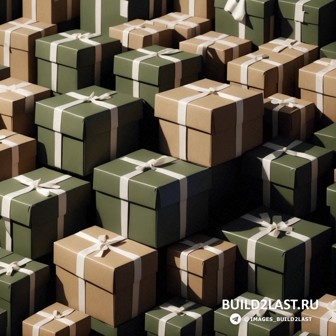 Постминимализм - 3D рендер. Большая группа коробок с белыми лентами, обернутых коричневой бумагой, с бантиком на каждой.