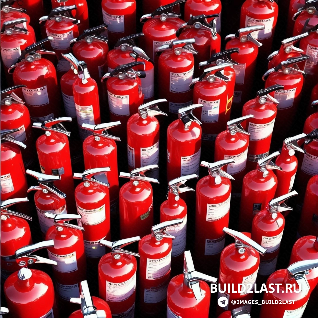 Модульный конструктивизм - стоковое фото. Большая группа красных огнетушителей сложена рядами.