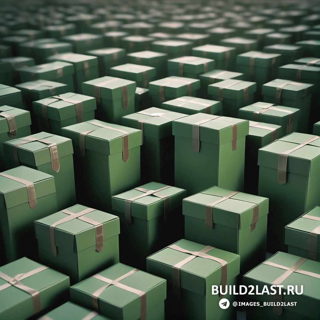 Постминимализм - 3D рендер. Большая группа зеленых коробок с белыми лентами на них.