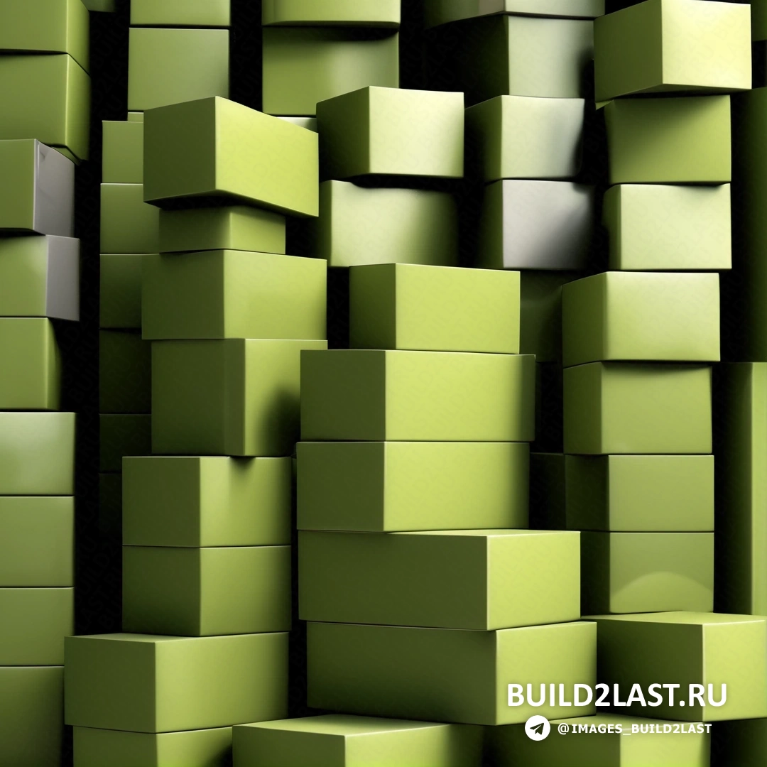 Постминимализм - рендер Ambient occlusion. Большая группа зеленых коробок, сложенных друг на друга в комнате с черным полом и белой стеной.