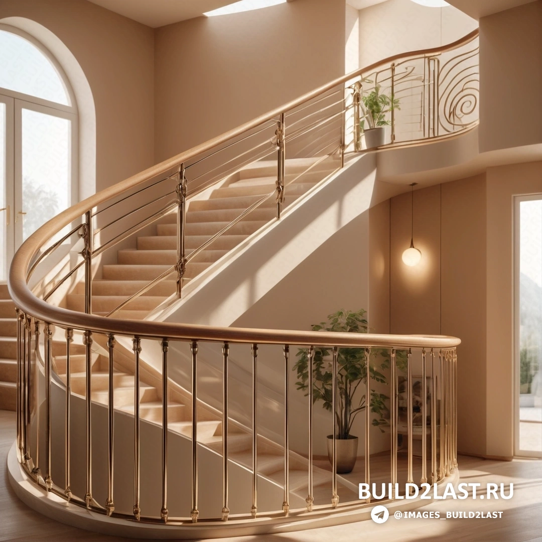 Фотореализм - цифровой рендеринг. Большая лестница в большой комнате с растением в горшке сбоку от нее.