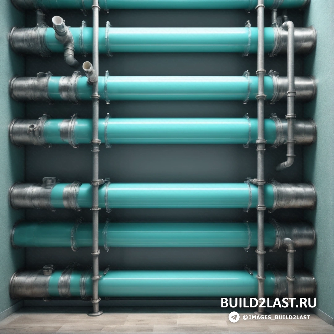Временный арт - 3D рендер. Большая система синих труб в комнате с кафельным полом и стенами, за ней стена из труб.