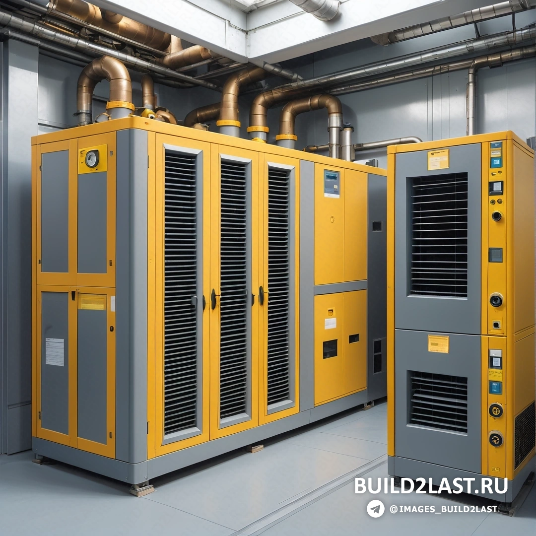 Бессвязные - стоковое фото. Большая желто-серая машина в комнате с трубами и трубами на стене и желтым