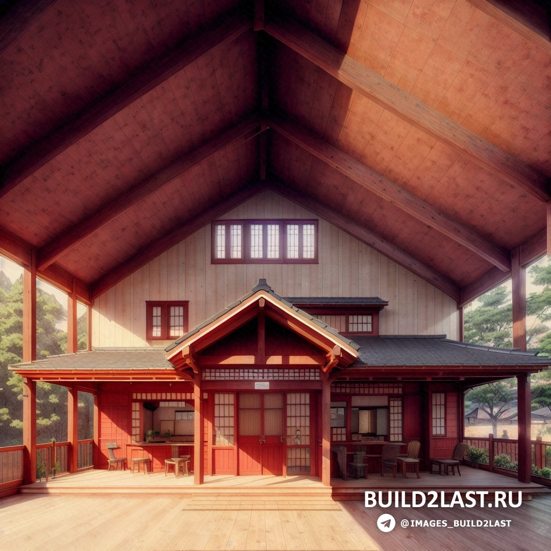 Build2Last: фотореализм - детальная матовая живопись. большое деревянное здание с крыльцом и крытой верандой со столом и стульями снаружи