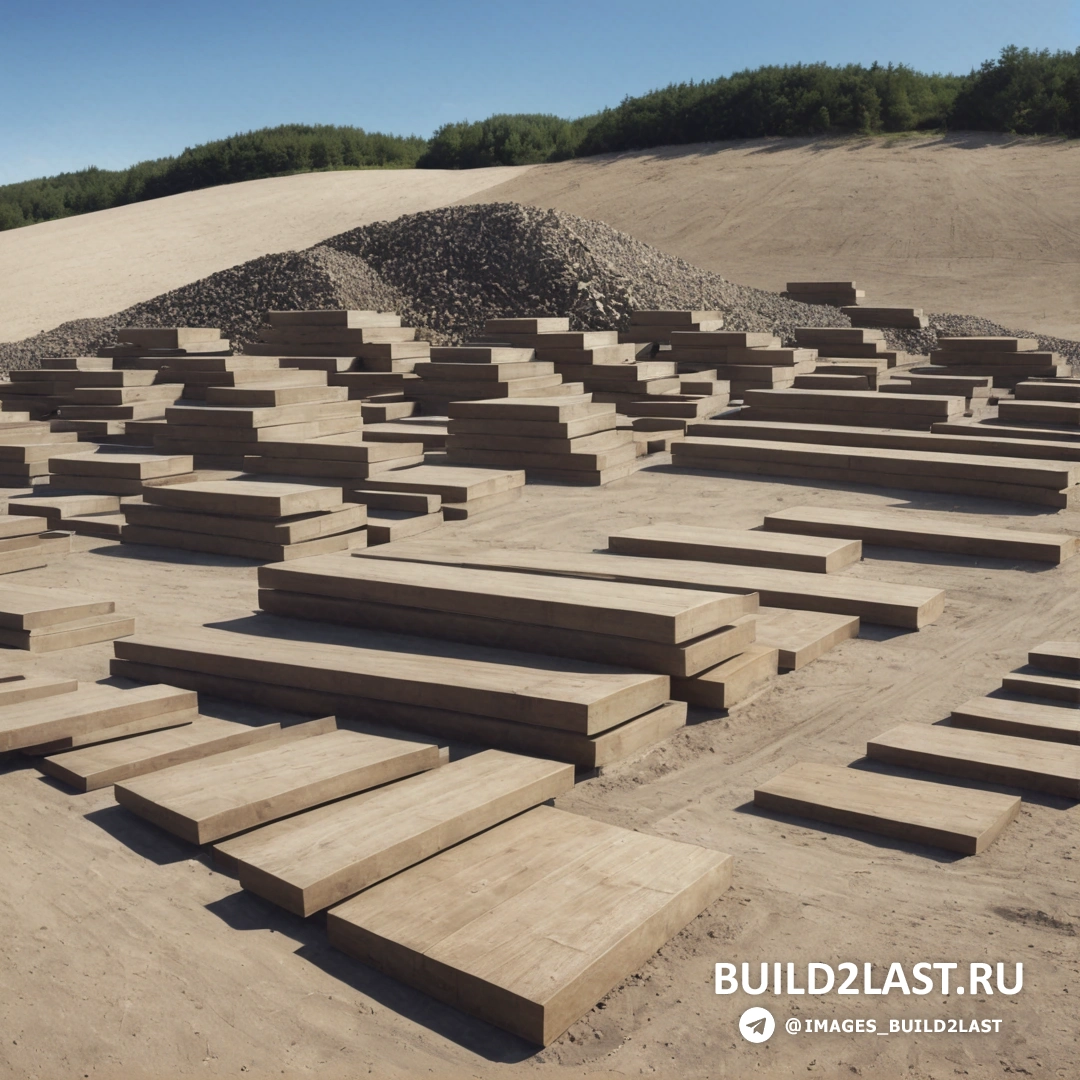 лэнд-арт - абстрактная скульптура. большое количество деревянных ступеней в пустынной местности с холмом и голубым небом