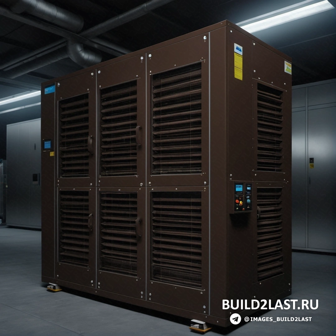 Некогеренты - компьютерный рендеринг. Большой коричневый ящик внутри здания рядом со стеной дверей и потолочным вентилятором на потолке.