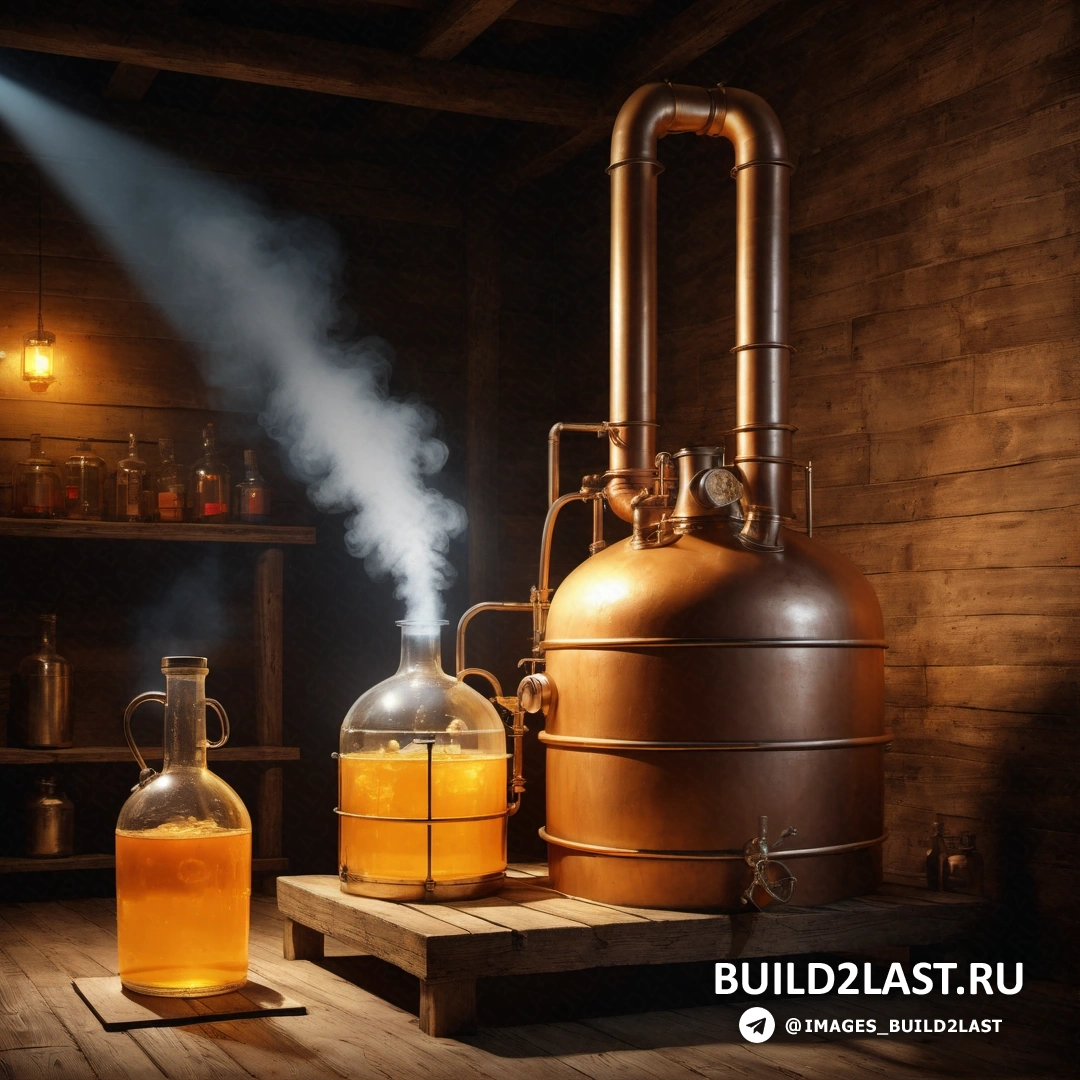 Прикладное искусство - натюрморт. Большой металлический резервуар с большим количеством жидкости внутри на деревянном столе рядом со стеклянным кувшином.