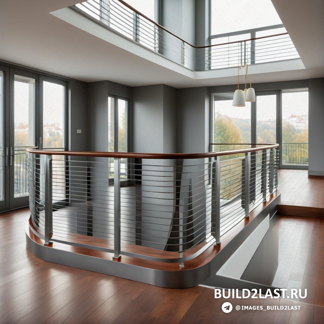 Свет и пространство - цифровой рендеринг. Большая комната с балконом и лестницей, ведущей на второй этаж с балконом.