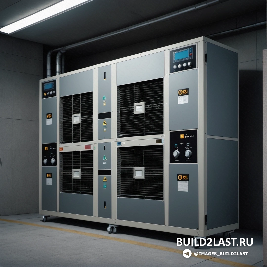 Модульный конструктивизм - компьютерный рендеринг. Большой промышленный кондиционер в здании с желтой линией на полу и серой стеной.