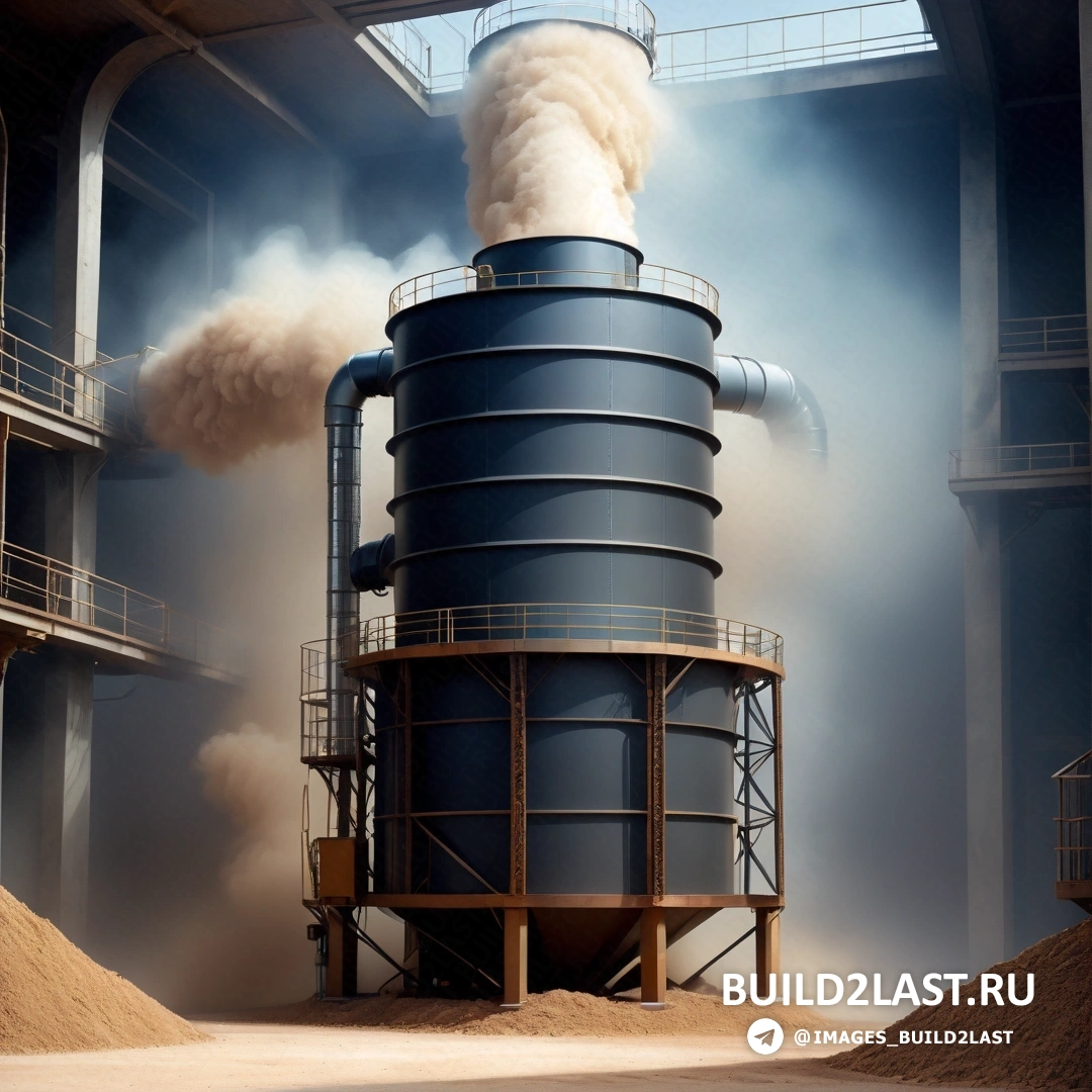 Экологическое искусство - детальная матовая живопись. Большой синий резервуар с дымом, выходящим из его верха, и фоном неба.