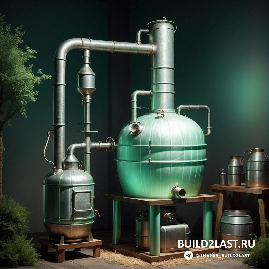 Экологическое искусство - рендер Ambient occlusion. Большой зеленый резервуар рядом с парой металлических резервуаров на деревянной платформе с деревом на заднем плане.