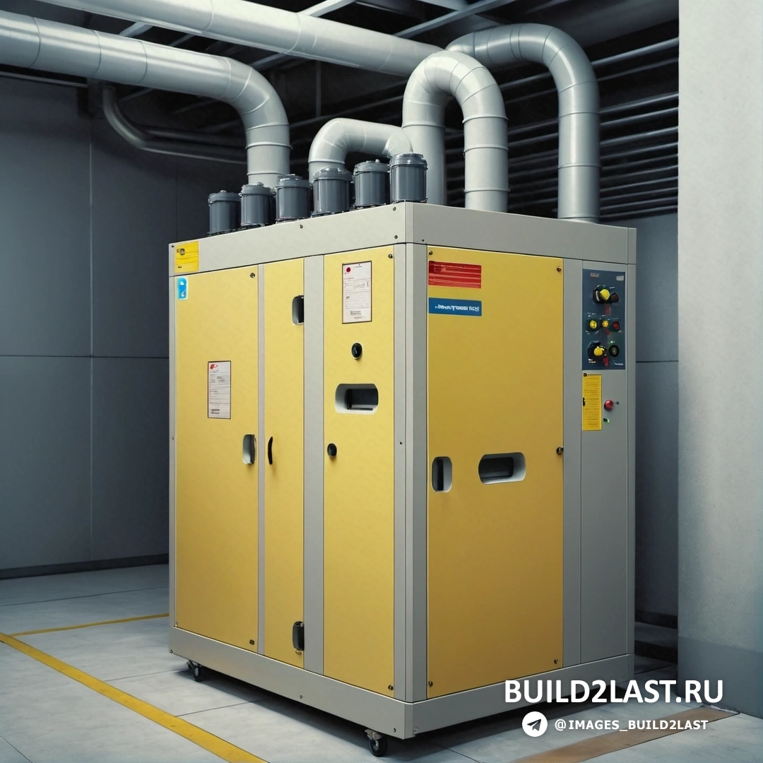 Incoherents - цифровой рендеринг. Большой желтый ящик внутри здания рядом с трубами и трубами на потолке.