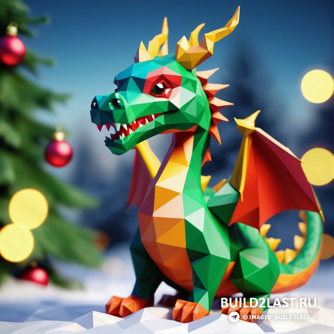 бумажная модель дракона, сидящего на снегу рядом с рождественской елкой с огнями