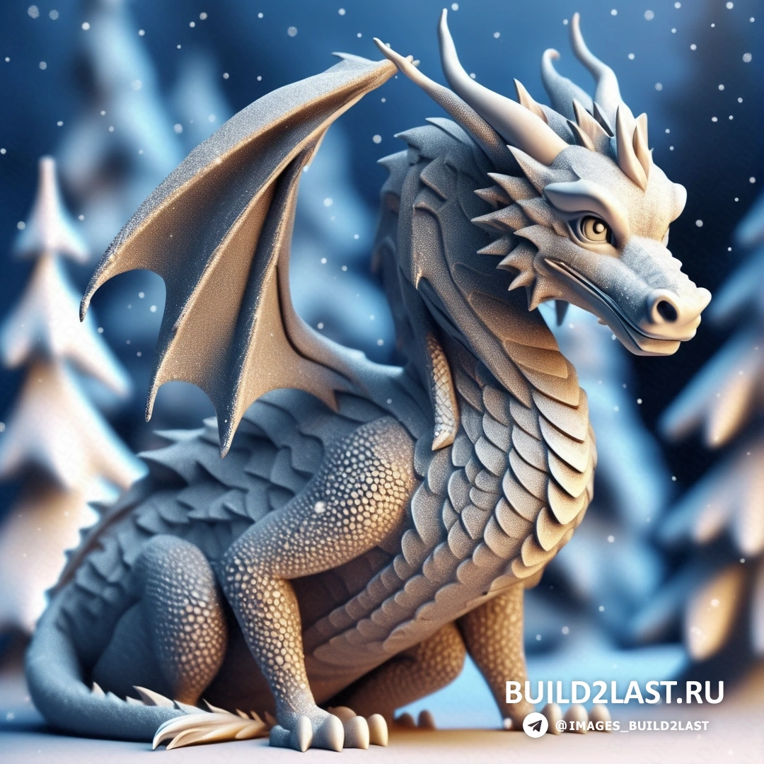 бумажная модель дракона, сидящего на снегу, с деревьями и снегом, 