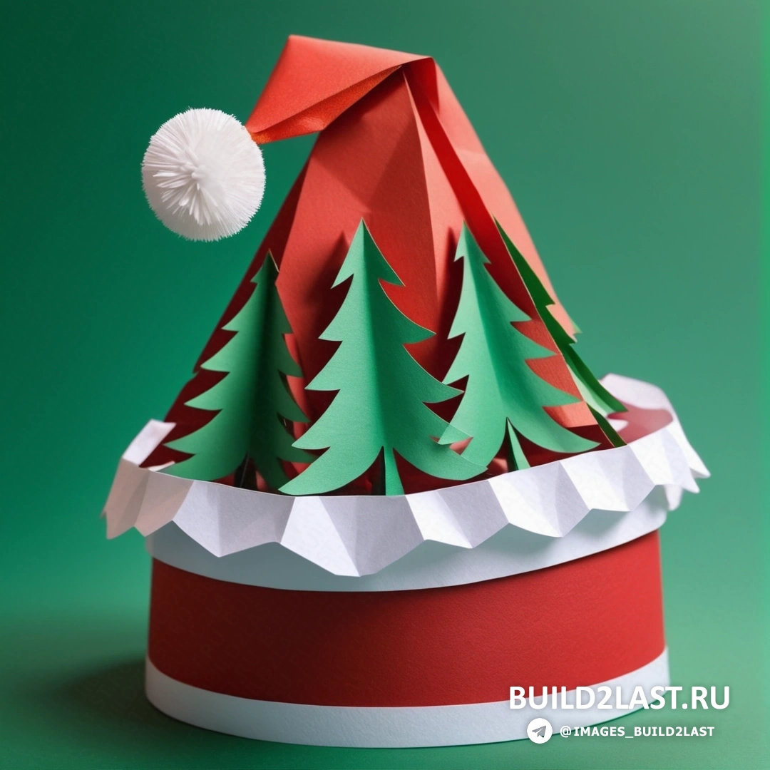 бумажная рождественская шляпа с помпоном на зеленом фоне с красно-белой лентой