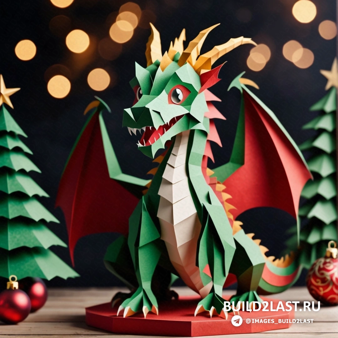 бумажный дракон, рядом с рождественскими елками и украшениями на столе с огнями и темным фоном