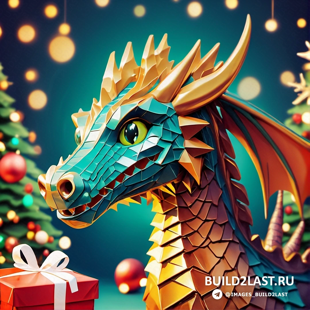 бумажный дракон с подарочной коробкой перед ним и рождественской елкой с огнями