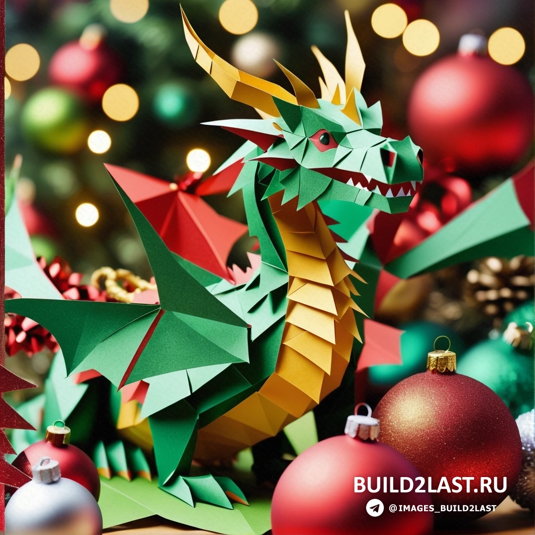 бумажный дракон, рядом с рождественскими украшениями и рождественской елкой с огнями и красной рамкой