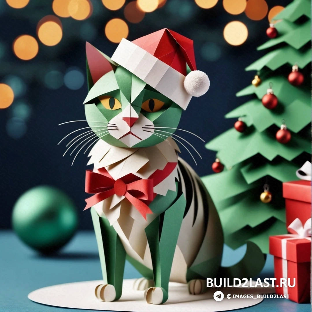 бумажный кот в шапке Санты и галстуке-бабочке рядом с рождественской елкой с подарочной коробкой