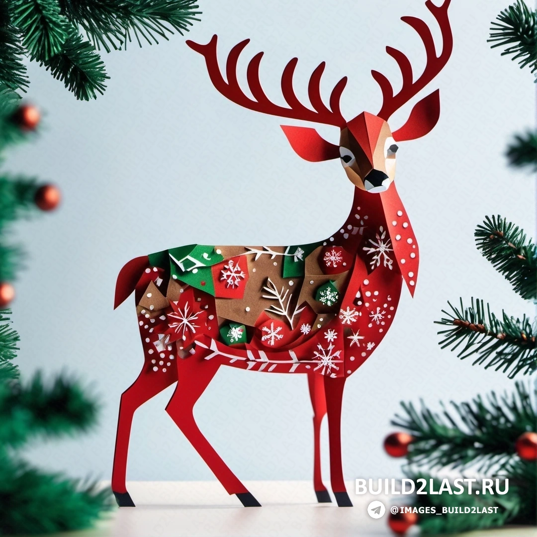 бумажный олень стоит рядом с рождественской елкой с украшениями на рогах и носу