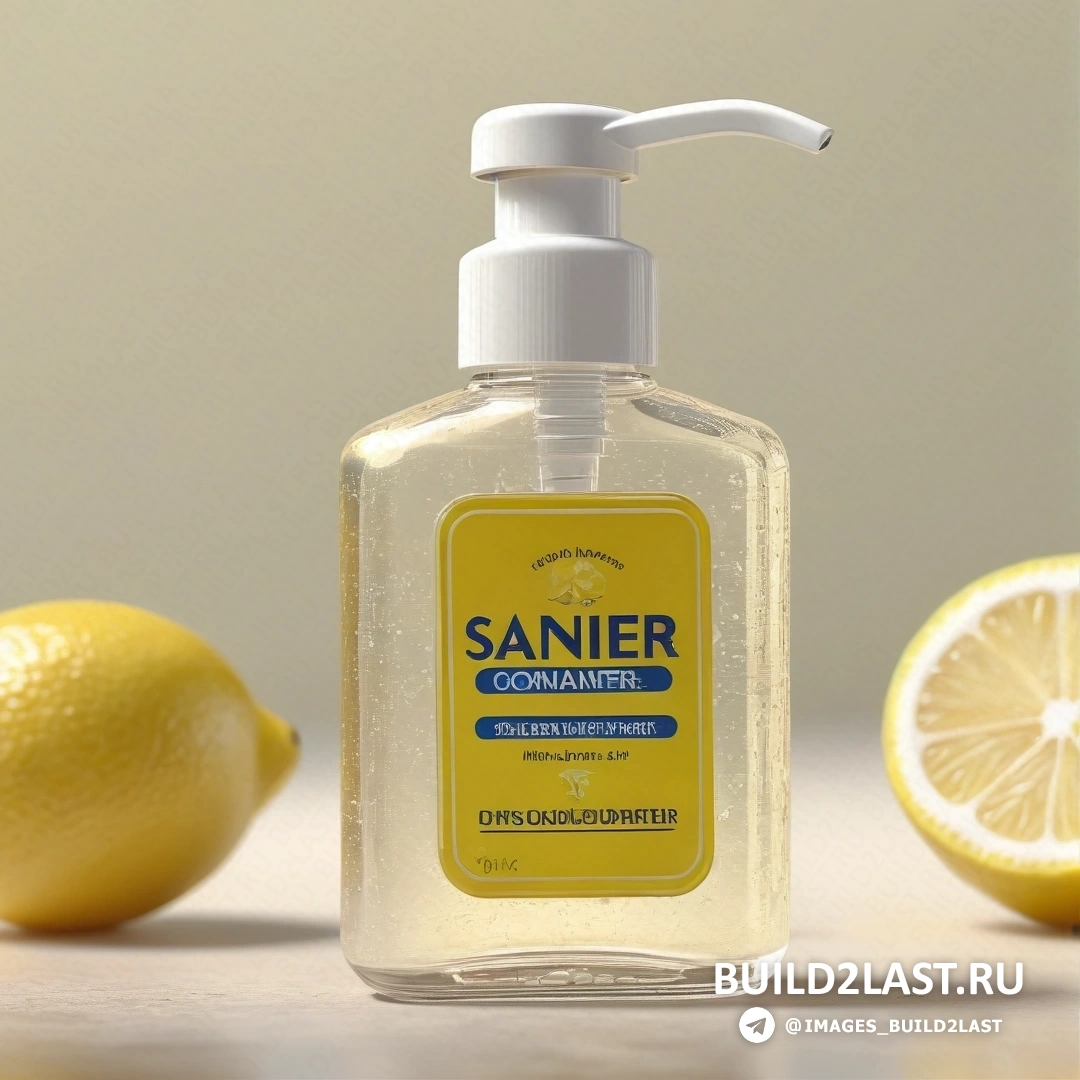 Гиперреализм - 3D-рендер. Бутылка мыла для рук Sanier Lemon рядом с лимоном и долькой лимона на столе