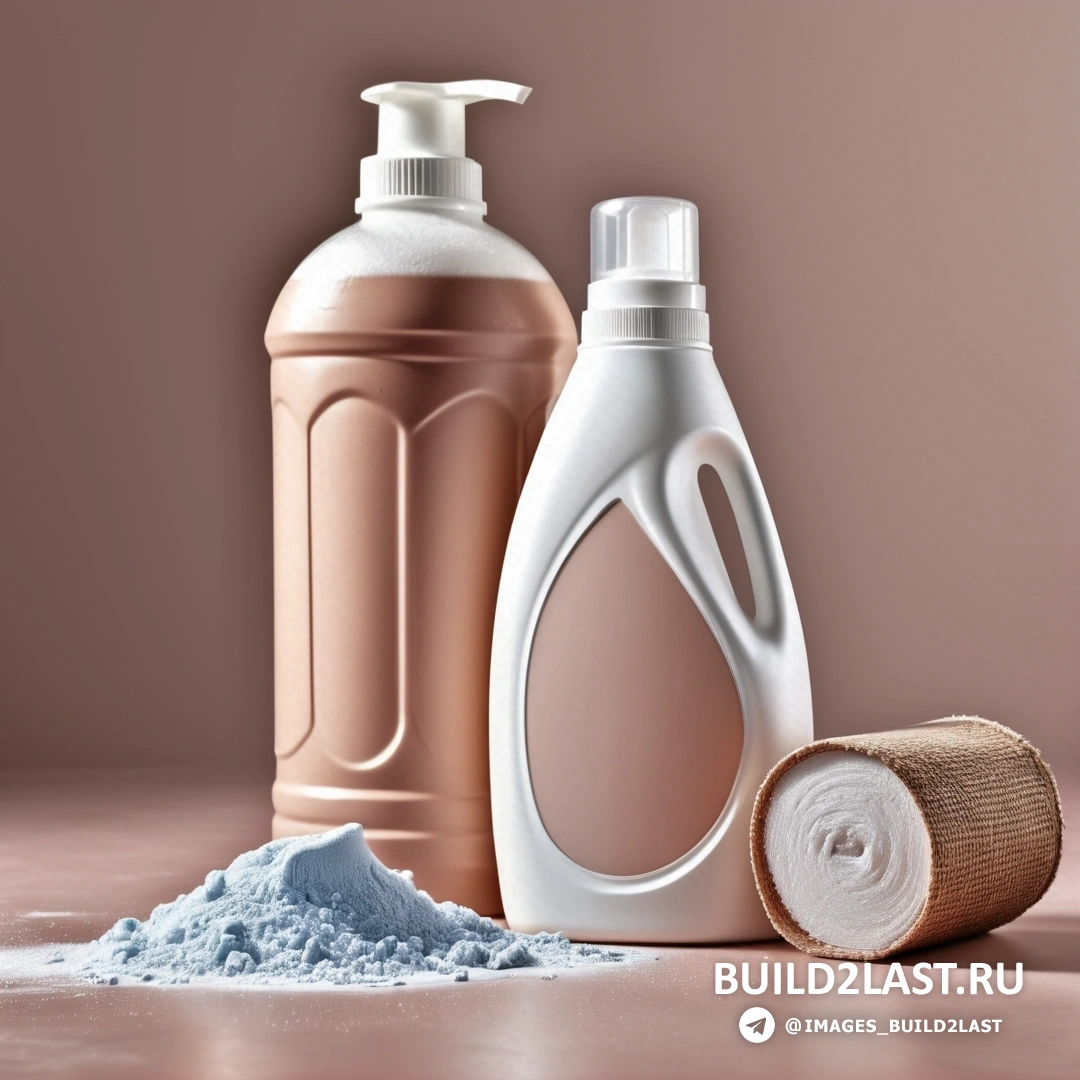 Plasticien - рендер окклюзии окружающей среды. Бутылка с жидкостью, контейнер с порошком и рулон туалетной бумаги на столе с розовым фоном.