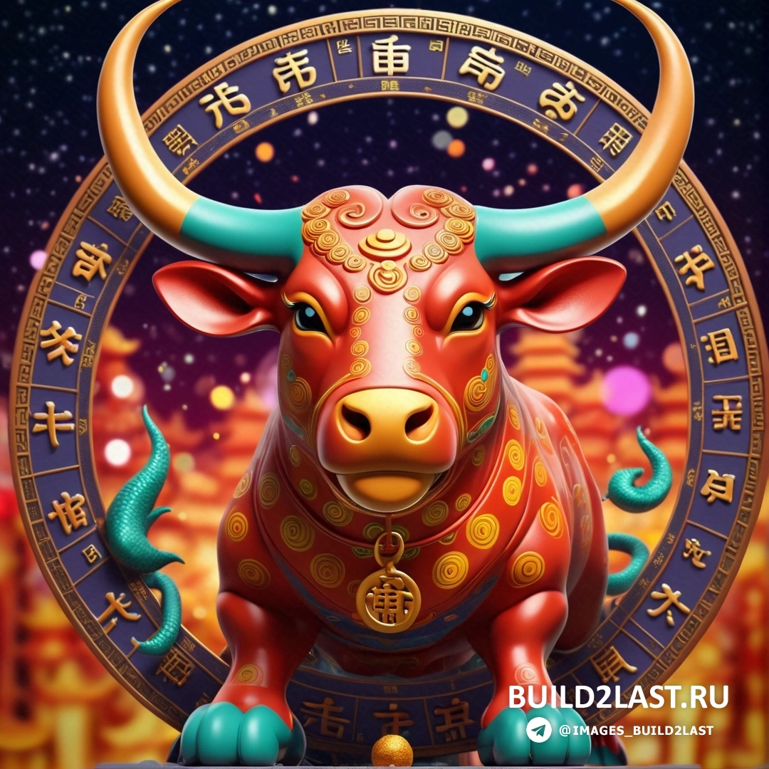 бык со знаком зодиака на морде и зодиакальное колесо с китайскими иероглифами