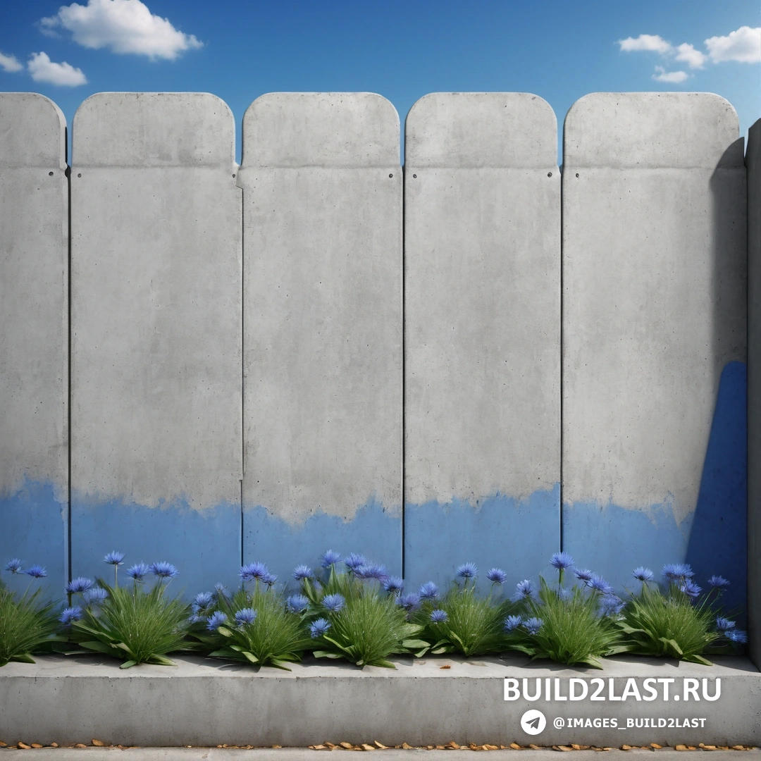 Concrete art - детальная матовая покраска. Цементная стена с синими цветами перед ней