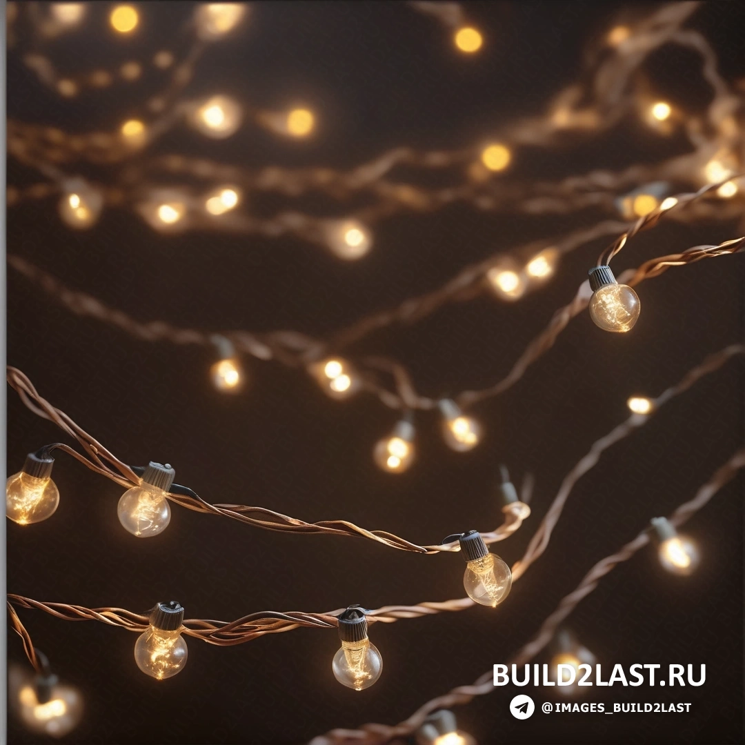 Фотореализм - 3D рендер. Цепочка светильников с маленькими лампочками на них и гирлянда на стене позади них.