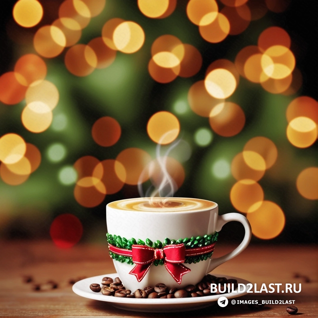 чашка кофе с бантом и кофейными зернами сбоку на фоне рождественской елки