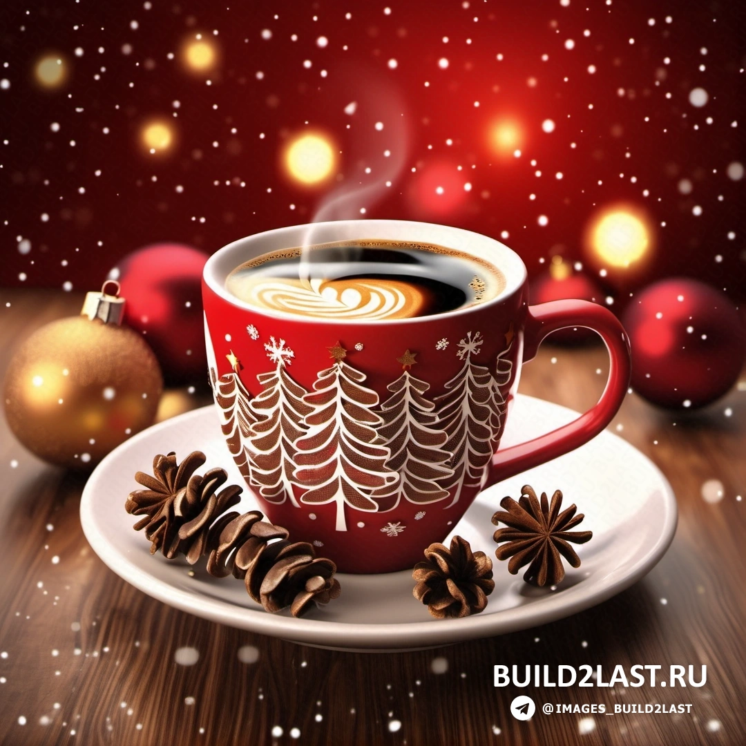 чашка кофе с блюдцем и ложкой на тарелке с рождественским украшением