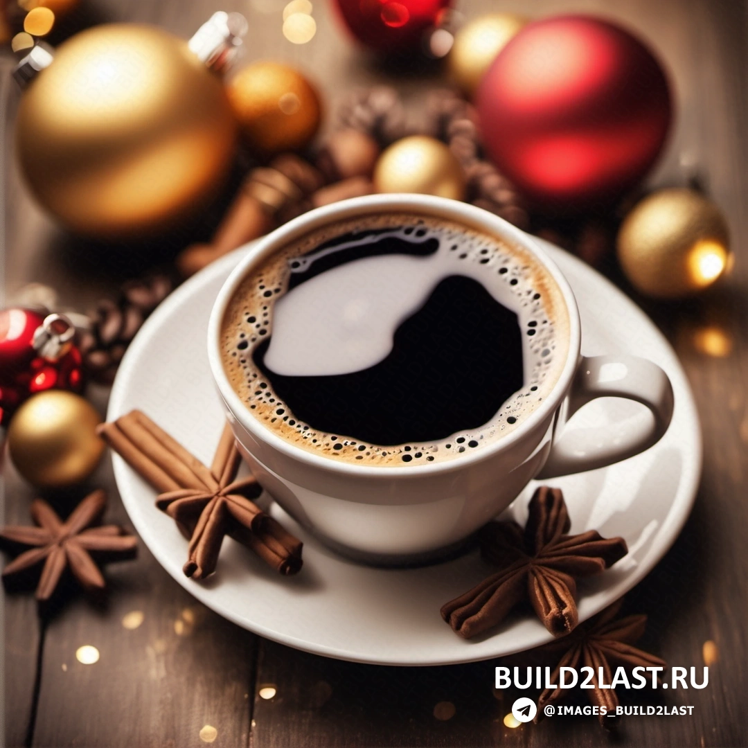 чашка кофе с блюдцем и палочками корицы на блюдце в окружении рождественских украшений и безделушек