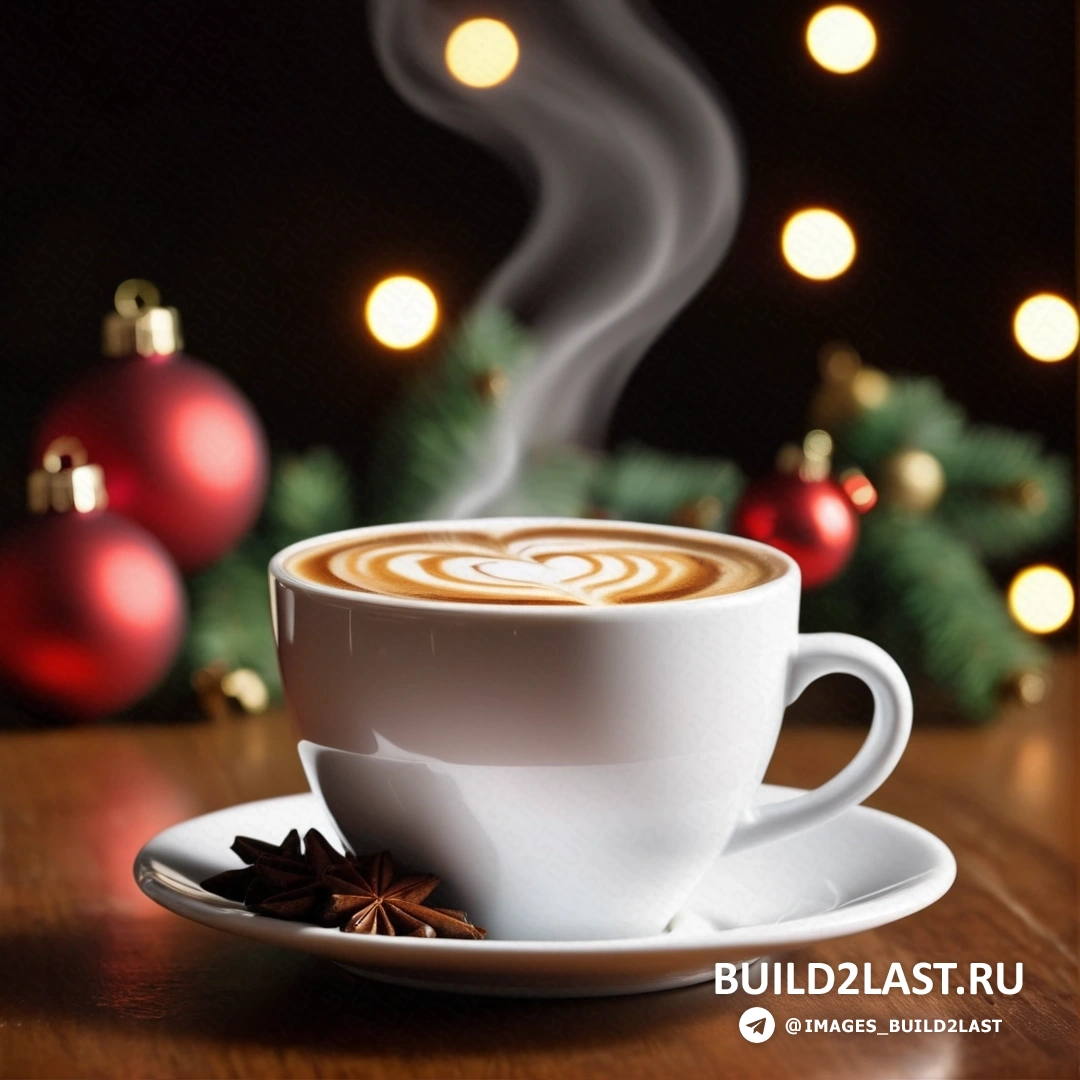 чашка кофе с блюдцем и ложкой на столе с рождественскими украшениями и огнями