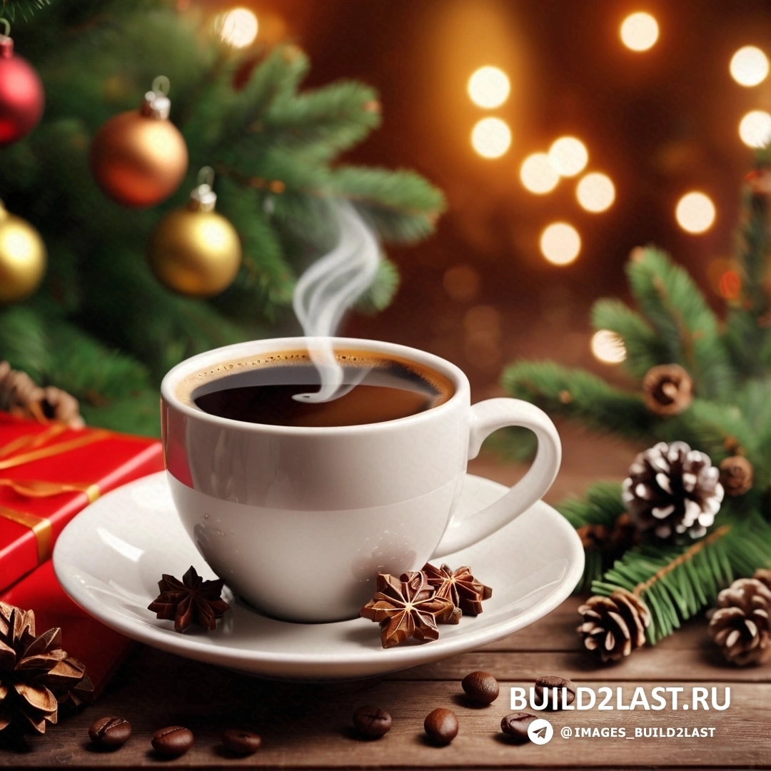 чашка кофе с блюдцем и корицей на блюдце на фоне рождественской елки