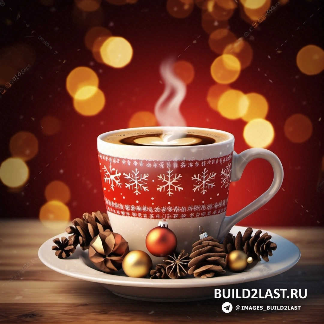 чашка кофе с блюдцем и свеча на блюдце с рождественским украшением