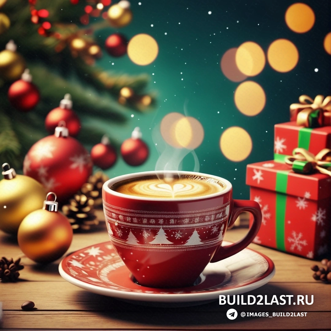 чашка кофе с блюдцем на фоне рождественской елки