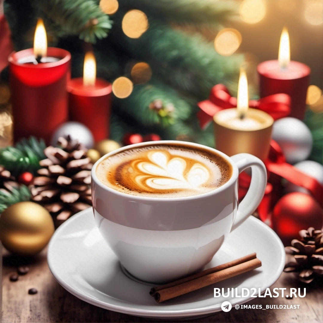 чашка кофе с латте-артом и рождественская елка со свечами