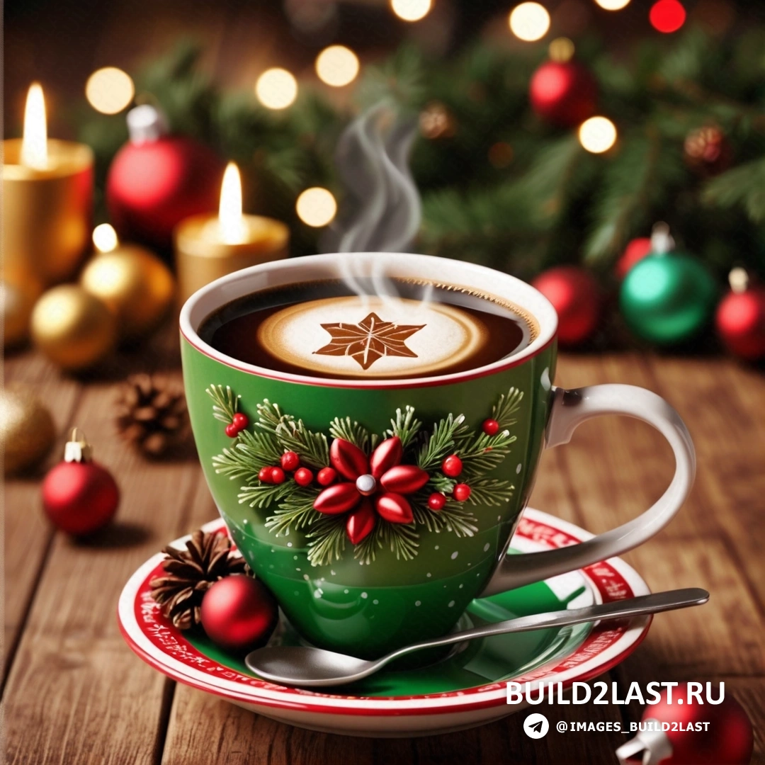чашка кофе с ложкой на блюдце с рождественским украшением