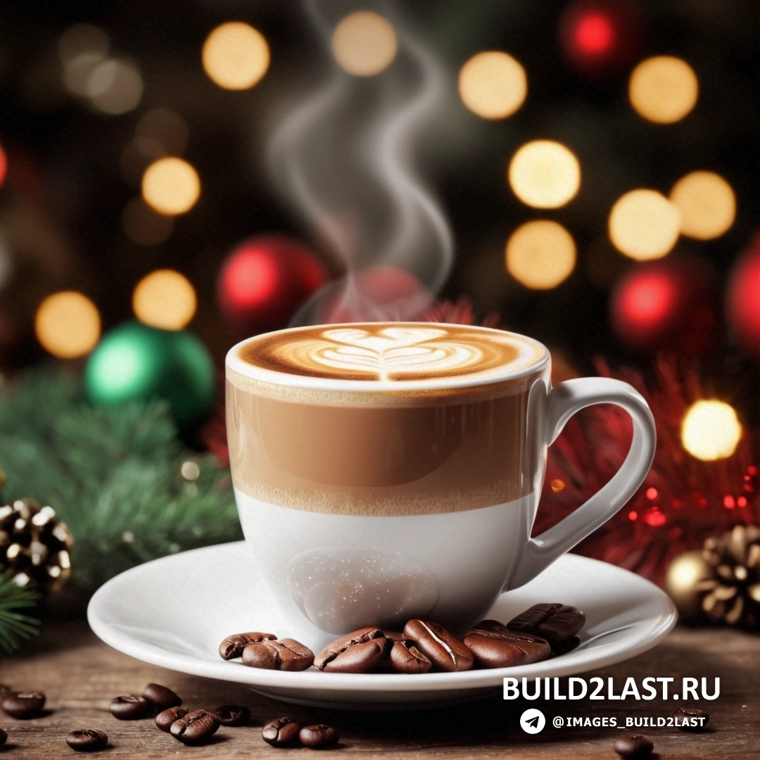 чашка кофе с поднимающимся из нее паром на блюдце в окружении кофейных зерен и рождественских украшений
