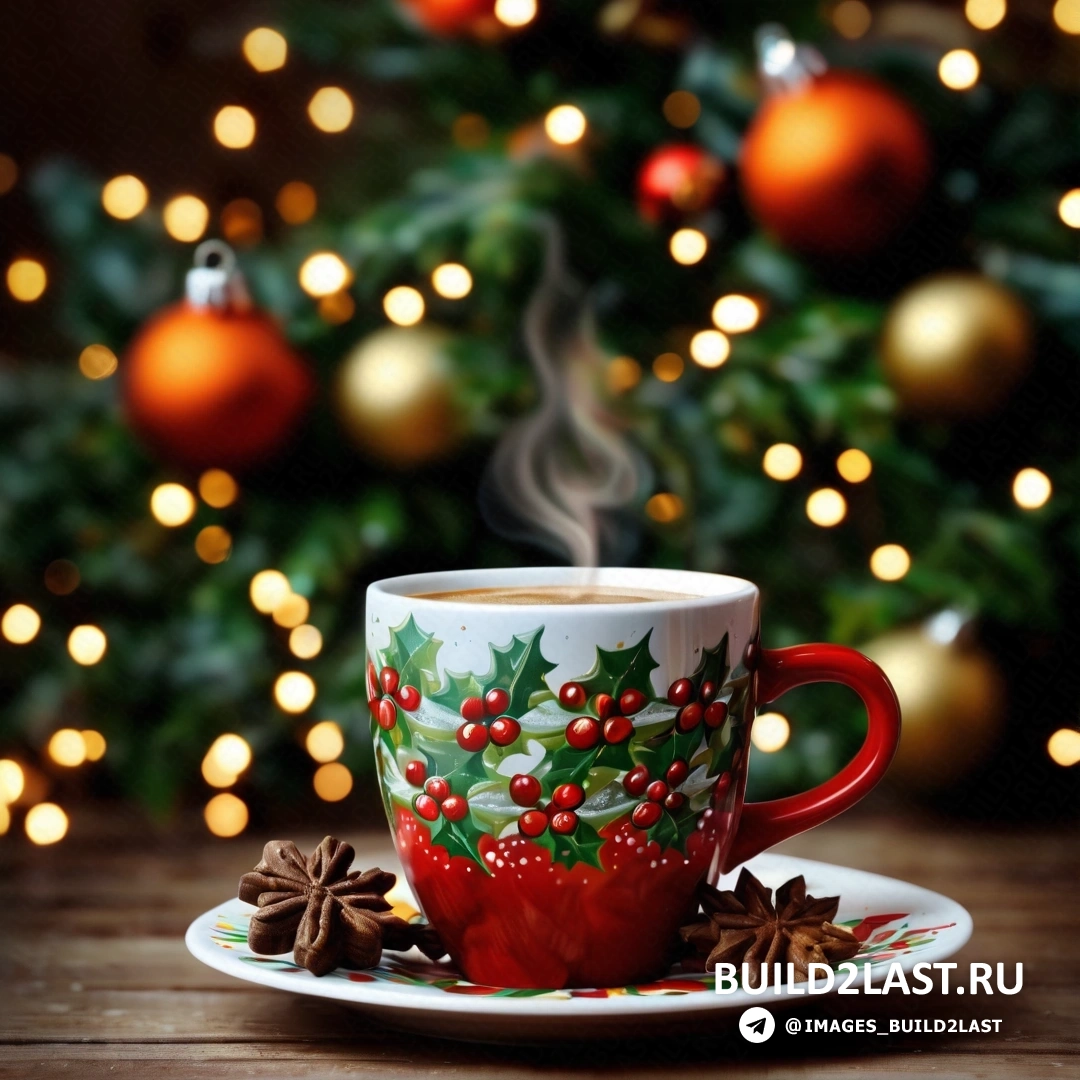 чашка кофе с рождественским украшением и рождественская елка с огнями и украшениями